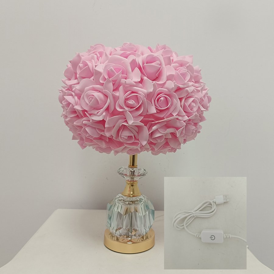 Pink Rose Ball Table Lamp, Light‑Luxury Crystal Base Bedside Lamp, Atmospheric Decorative Table Lamp for Girls' Bridal Rooms, Gift‑Giving Option