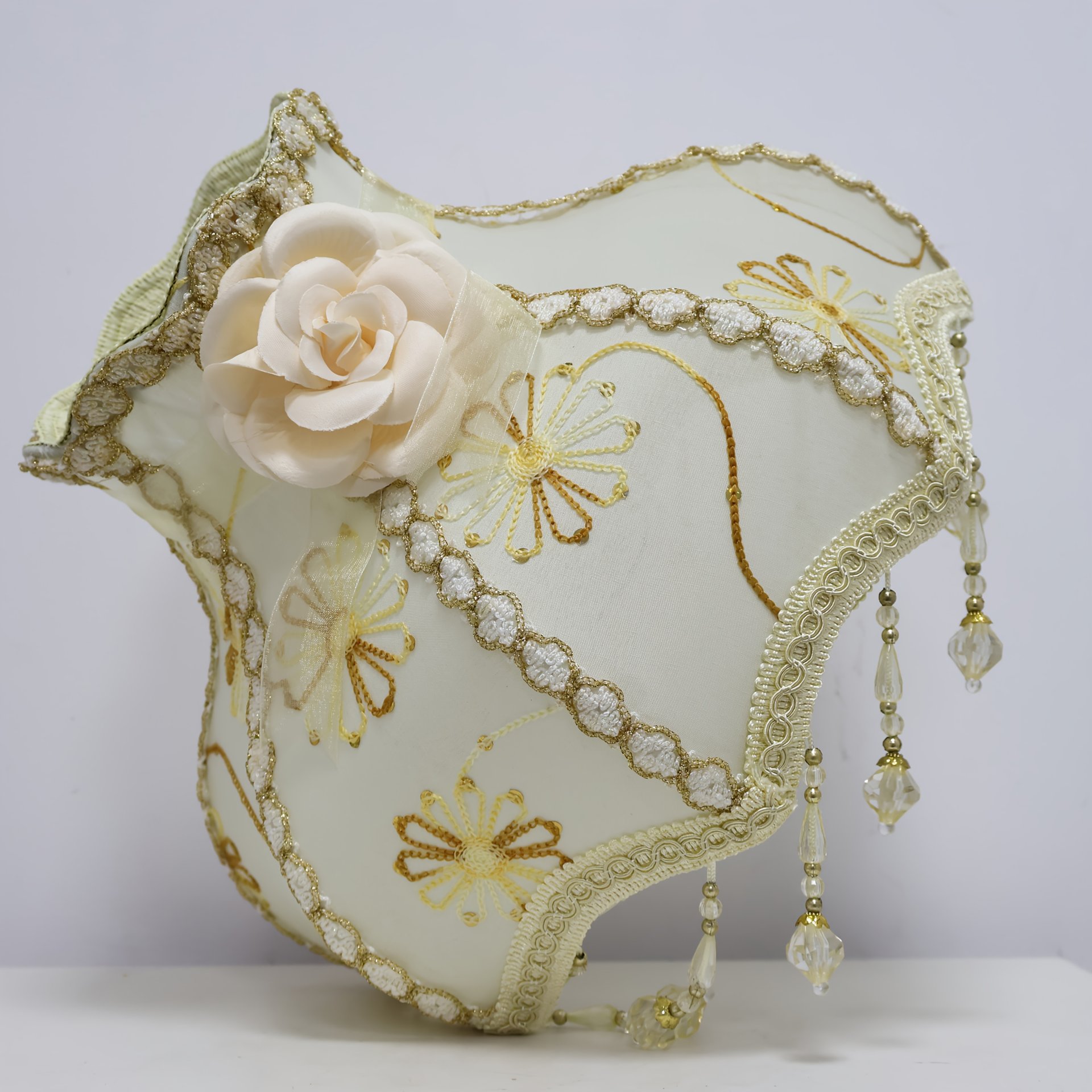 Vintage Embroidered Fabric Shade, featuring Swarovski Crystal and Mountain Tea Flower Pattern.