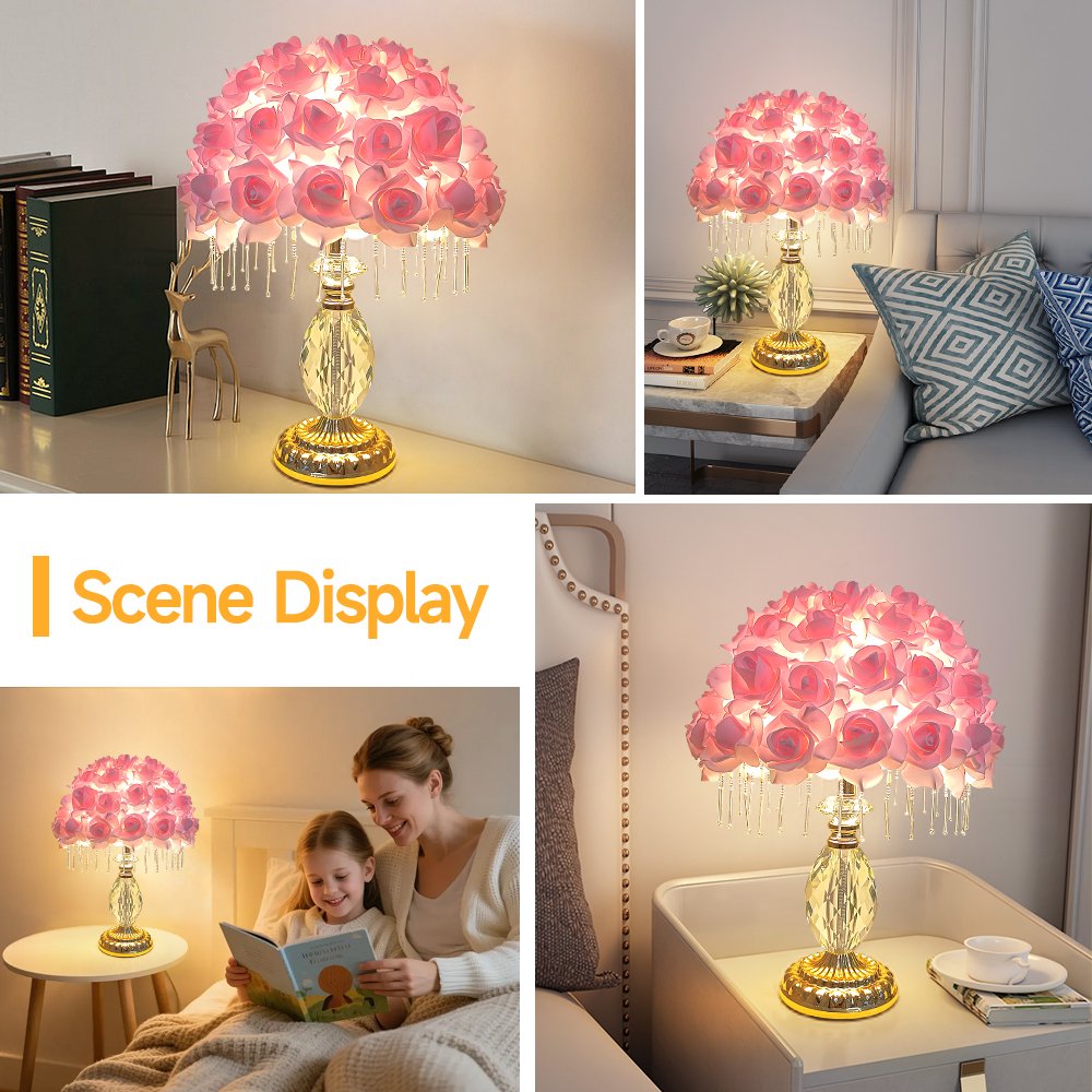 Pink Rose Ball Crystal Table Lamp, Crystal Tassel Vintage Desktop Lamp, Atmosphere Lamp for Wedding Gifts