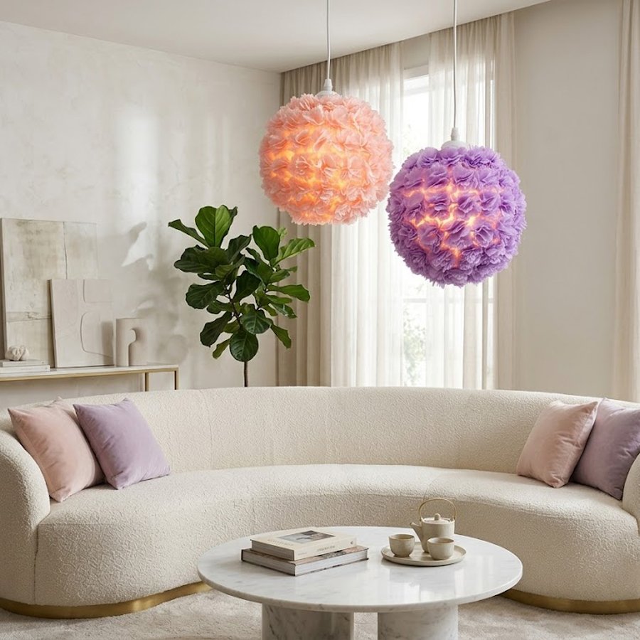 French Romantic Fabric Flower Lampshade, Cozy Aesthetic Pastel Purple/Pink Desk Light Shade Replacement, Dreamy Bedside Room Decor (Lampshade Only)