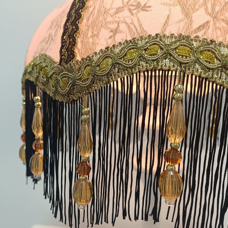 Vintage Octagonal Fabric Lampshade Pink Bamboo Jacquard Black Tassel Beaded Lamp Shade For Table Lamp Bedside Decor