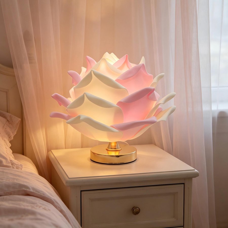 White 3D Lotus Table Lamp with Large Rose Metal Glossy Base - Zen-Inspired Floral Decor for Homestay Bedrooms, Ideal Gift