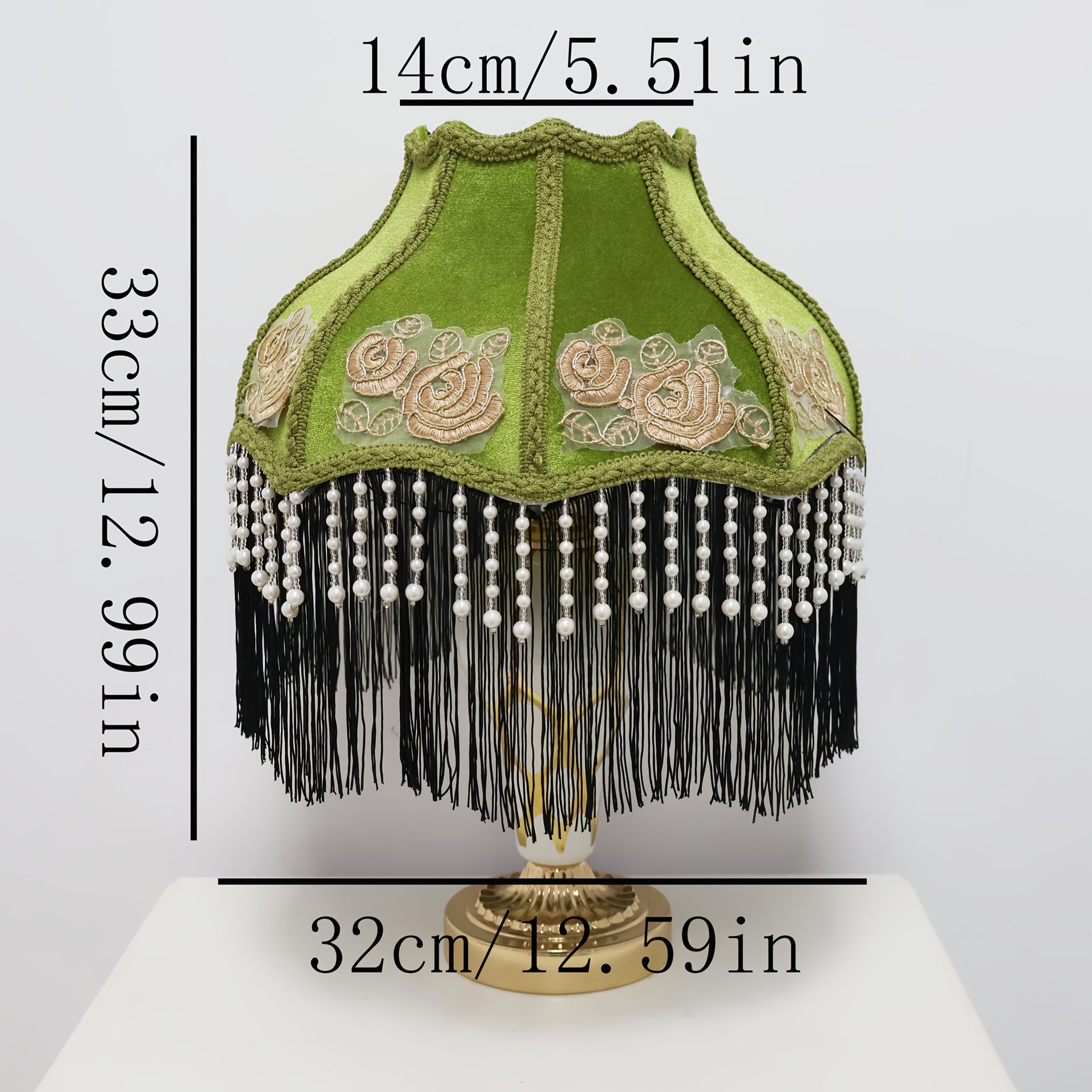 Vintage Green Velvet Lampshade With Rose Embroidery Pearl Beads and Black Tassels