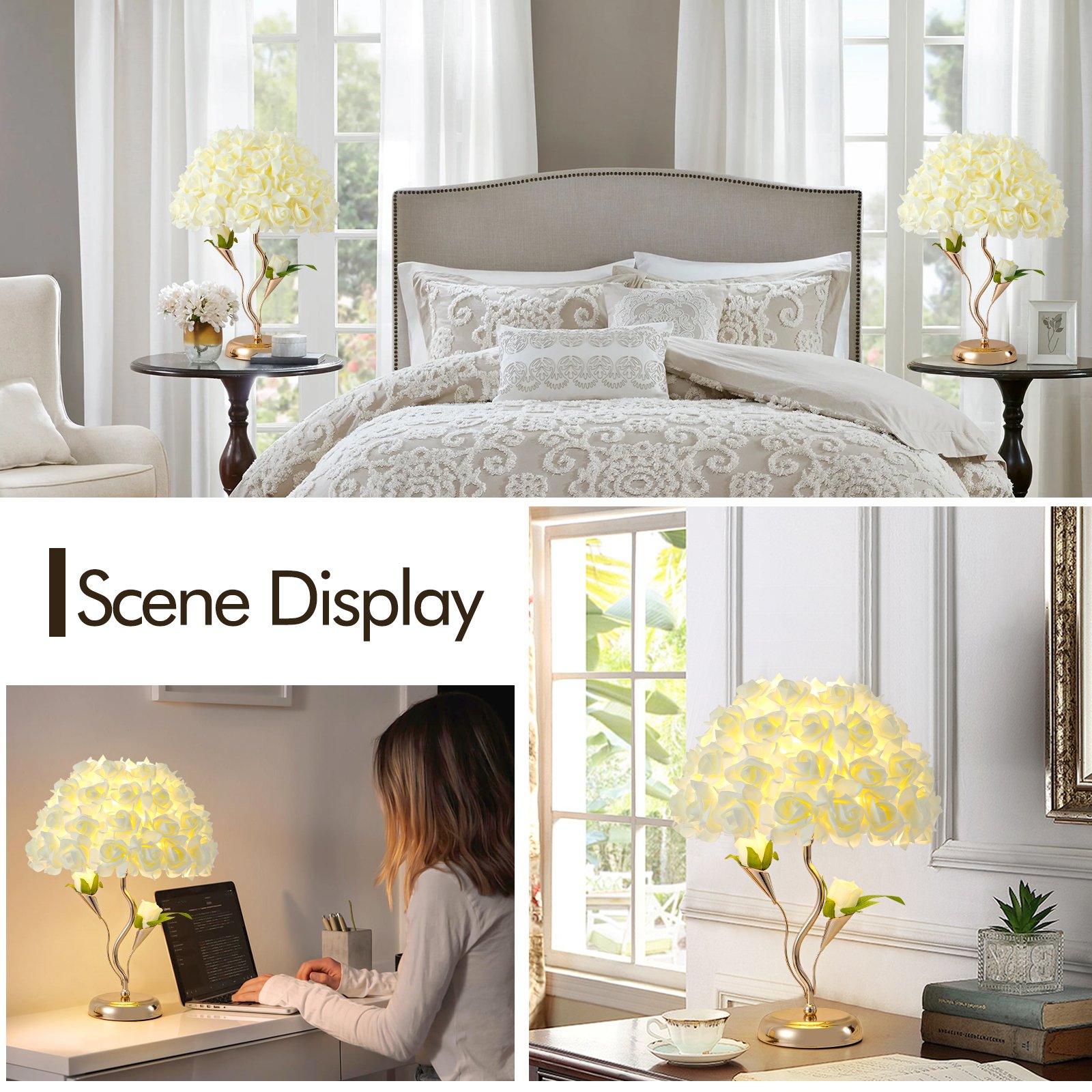 Realistic White Rose Spherical Bouquet Table Lamp with Curved Golden Stand – Luxury Floral Déc