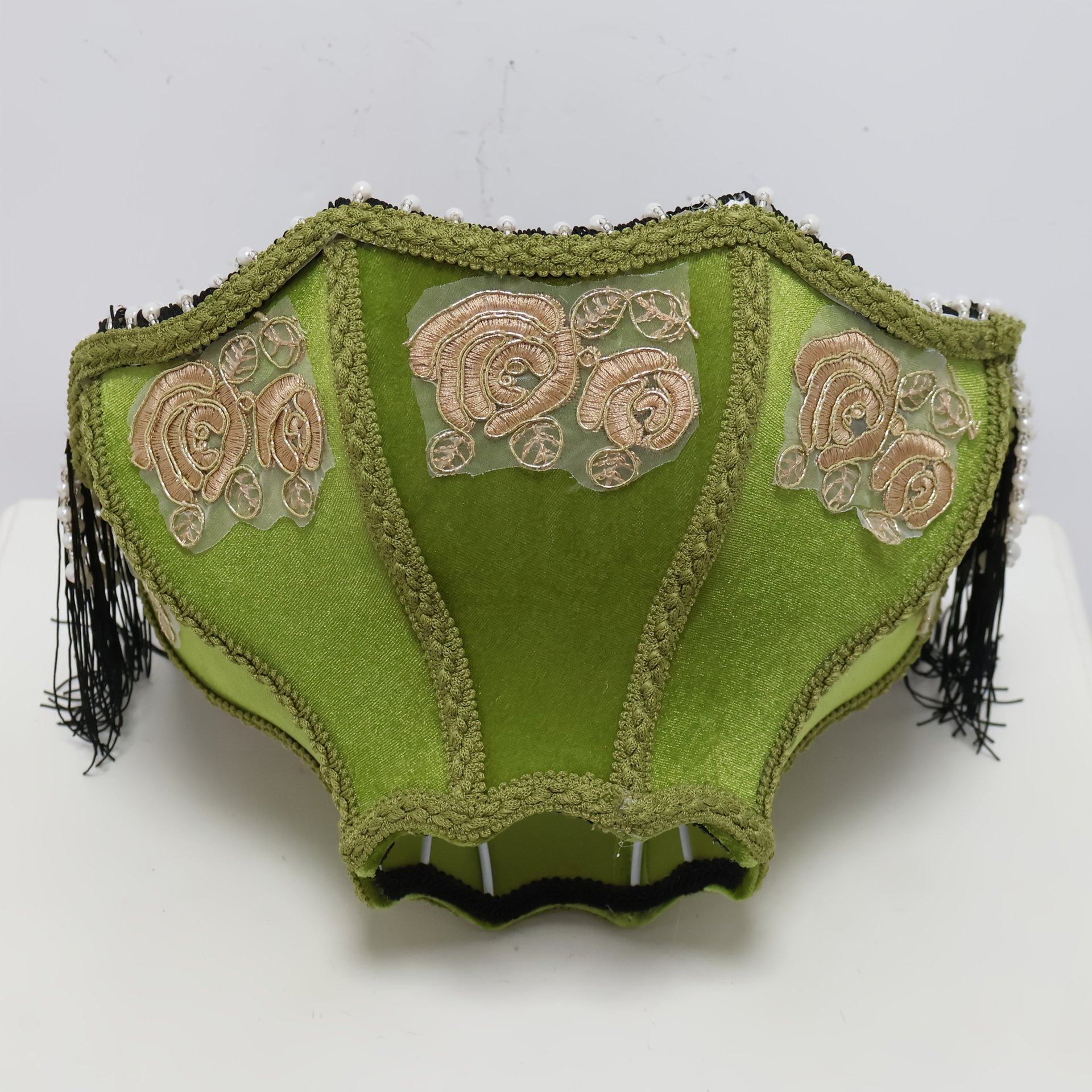 Vintage Green Velvet Lampshade With Rose Embroidery Pearl Beads and Black Tassels