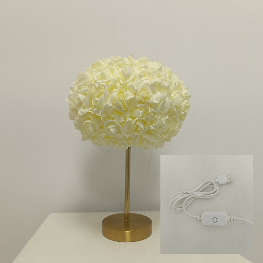 Aesthetic Rose Flower Ball Table Lamp, Romantic Floral Sphere Bedside Lamp with Gold Stand for Bedroom & Wedding Decoration