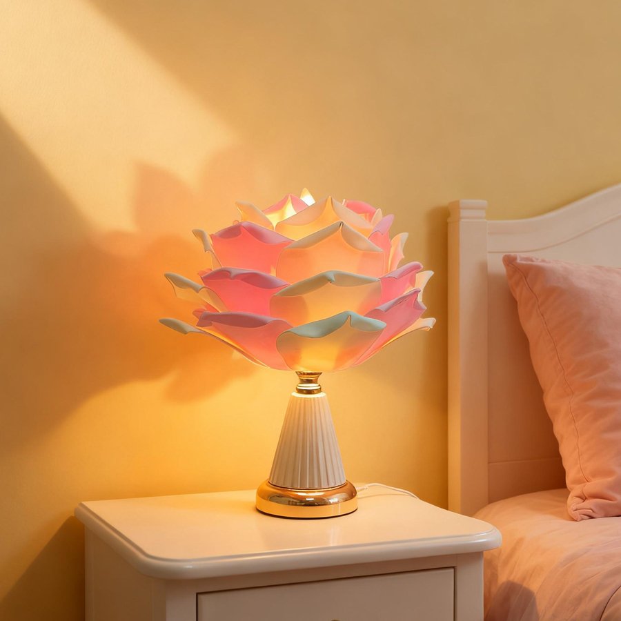 Pink‑white gradient large rose flower table lamp, ceramic‑texture base bedroom bedside lamp, romantic wedding‑room atmosphere decorative table lamp
