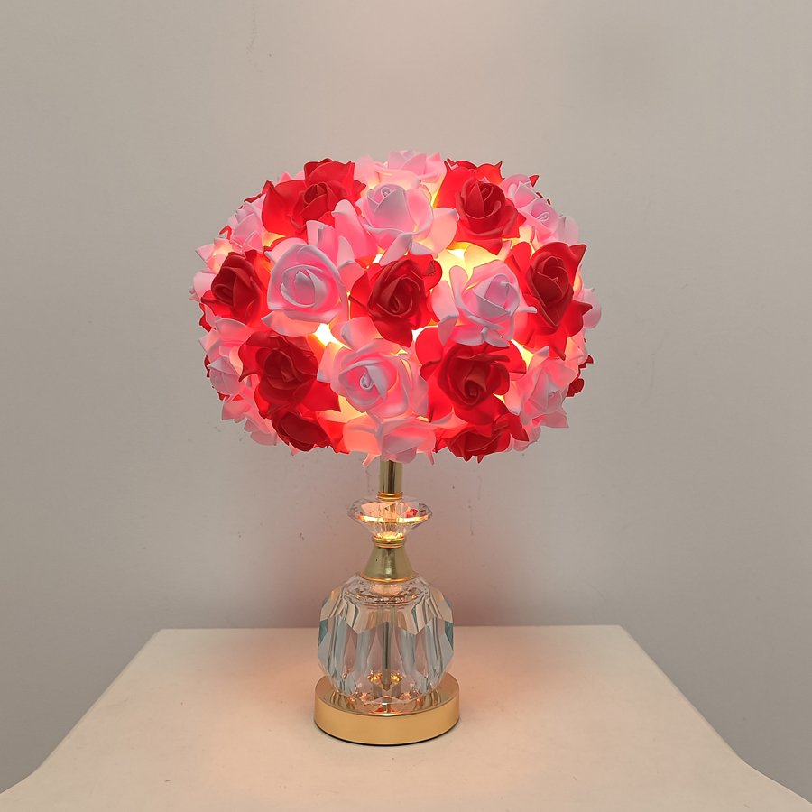 Pink Rose Ball Table Lamp, Light‑Luxury Crystal Base Bedside Lamp, Atmospheric Decorative Table Lamp for Girls' Bridal Rooms, Gift‑Giving Option