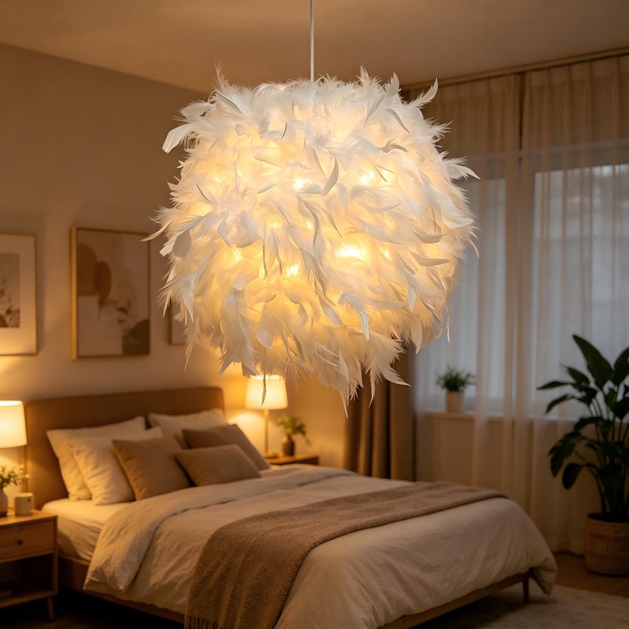 White badminton‑shaped lampshade, fluffy feather spherical chandelier shade, popular decorative lamp accessory for bedroom and dining room