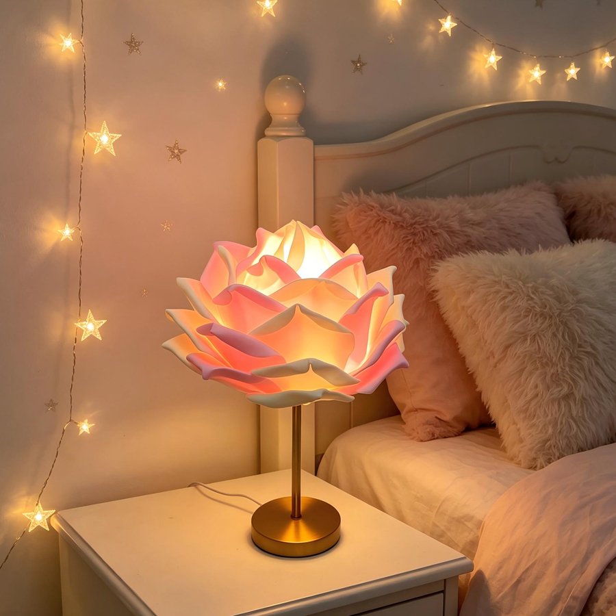 Desktop Table Lamp with Simulated Large Rose‑Petal Shape, Romantic Small Table Lamp for Bridal Chamber and Homestay Decoration