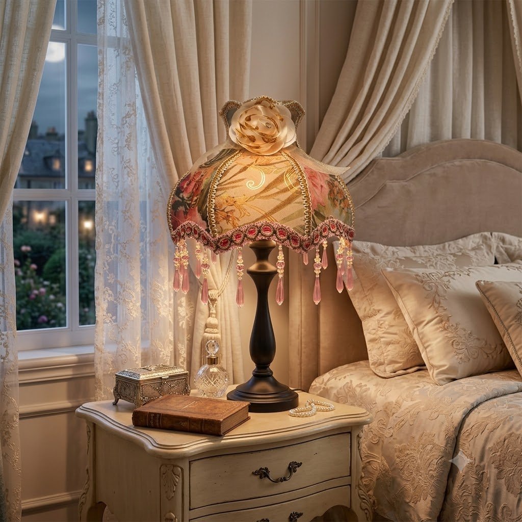 Vintage French Floral Lampshade, Luxury Jacquard Fabric Table Lamp Shade with Crystal Beaded Tassels & Rose Accent, Victorian Room Decor (Lampshade Only)