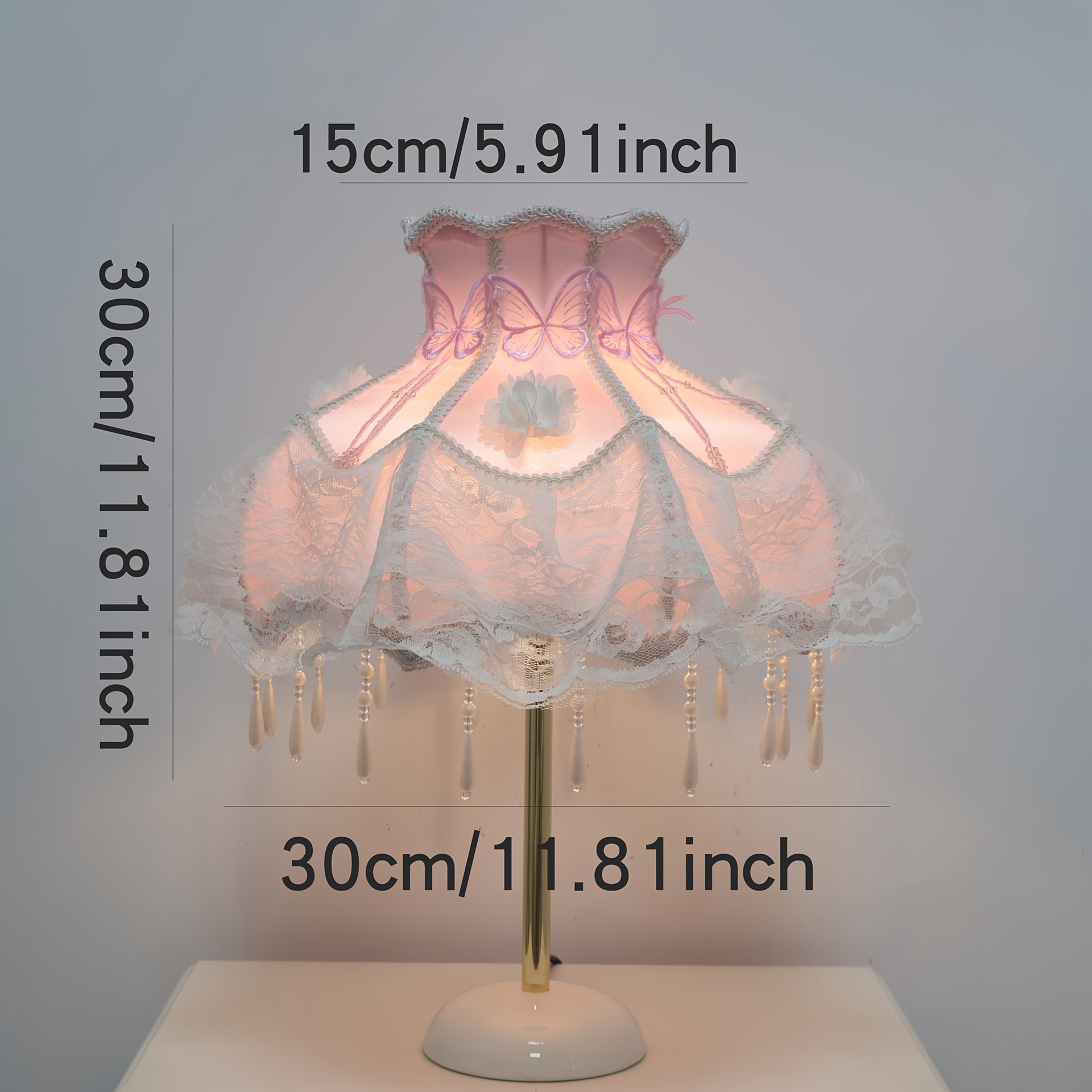 Viral Coquette Pink Lace Table Lamp Butterfly Floral Pearl Tassel Princess Bedside Lamp Aesthetic Romantic Decor Night Light for Bedroom Dresser Gift