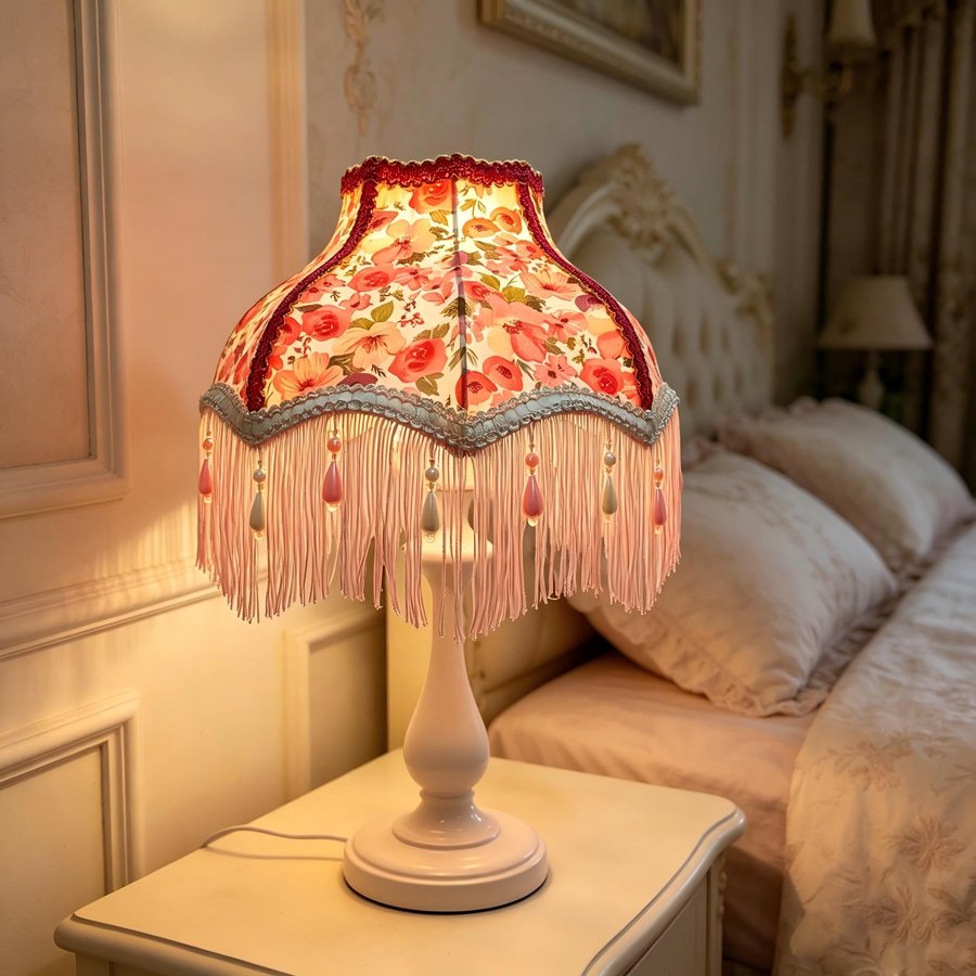 Flower‑Princess Pearl Tassel Lampshade, Girlish‑Style Wedding Room Fabric Table Lamp Shade, Decorative Replacement Shell for Atmosphere‑Creating Bedroom Table Lamp