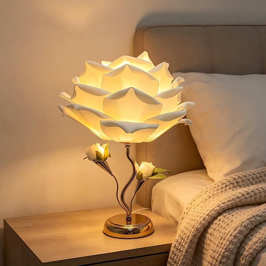 Large‑sized white rose flower table lamp, romantic floral decorative lamp, bedroom ambient bedside lamp