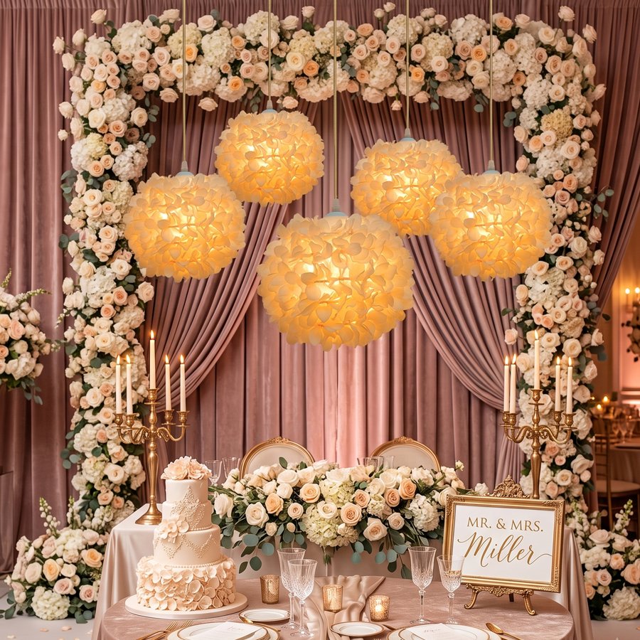 Light‑pink hydrangea spherical lampshade, artificial floral ball lampshade, flower‑shade accessories for wedding & bedroom table lamps and pendant lights