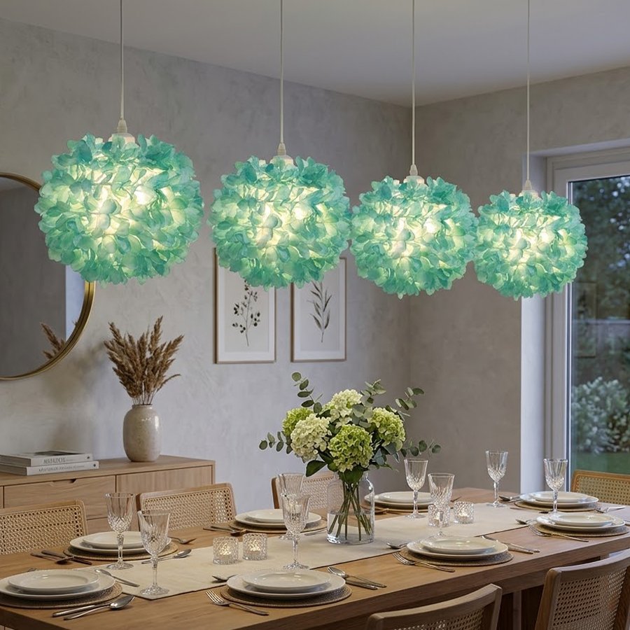 Forest‑style green hydrangea spherical lampshade, artificial flower ball lampshade, flower‑shade accessories for wedding & bedroom table lamps and chandeliers