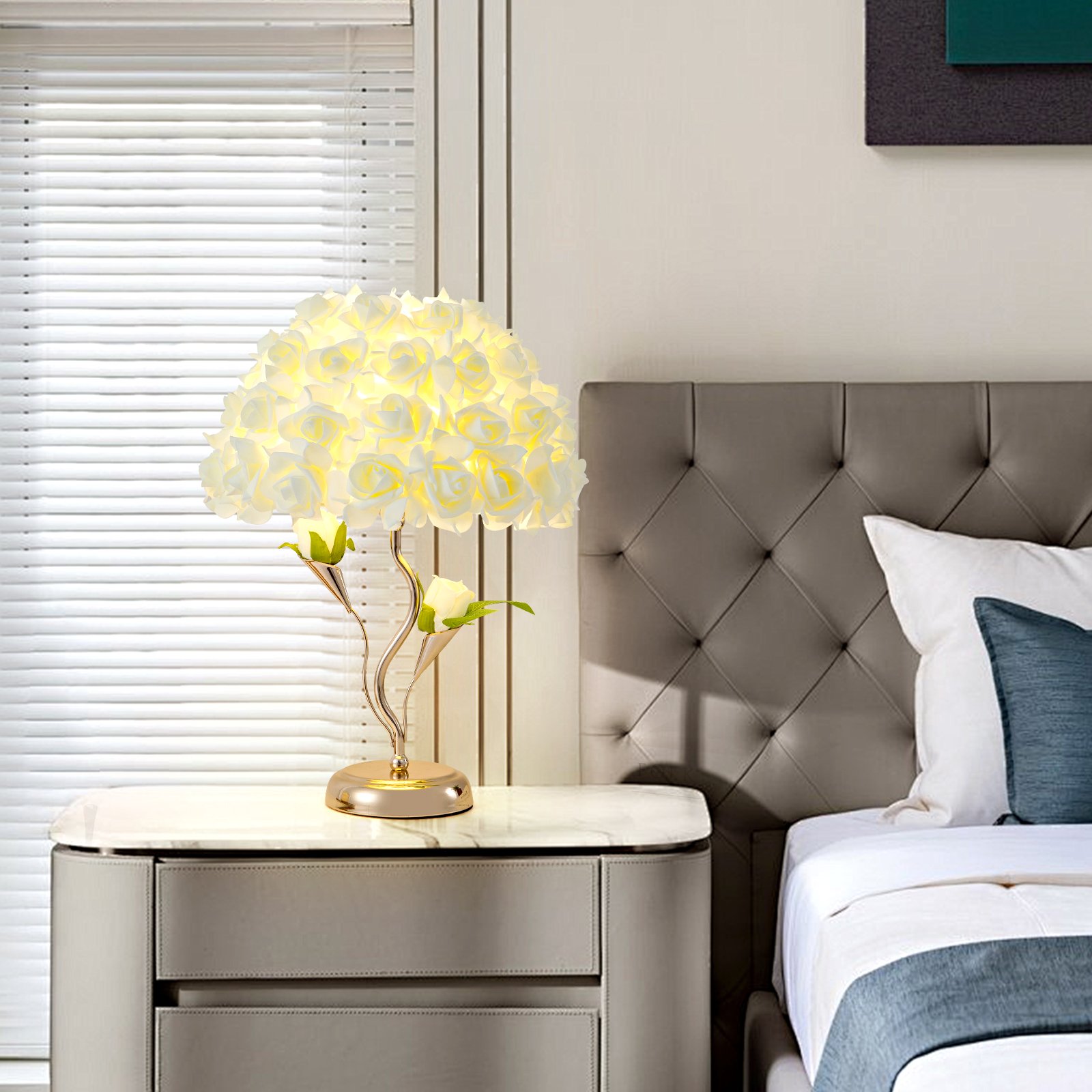 Realistic White Rose Spherical Bouquet Table Lamp with Curved Golden Stand – Luxury Floral Déc