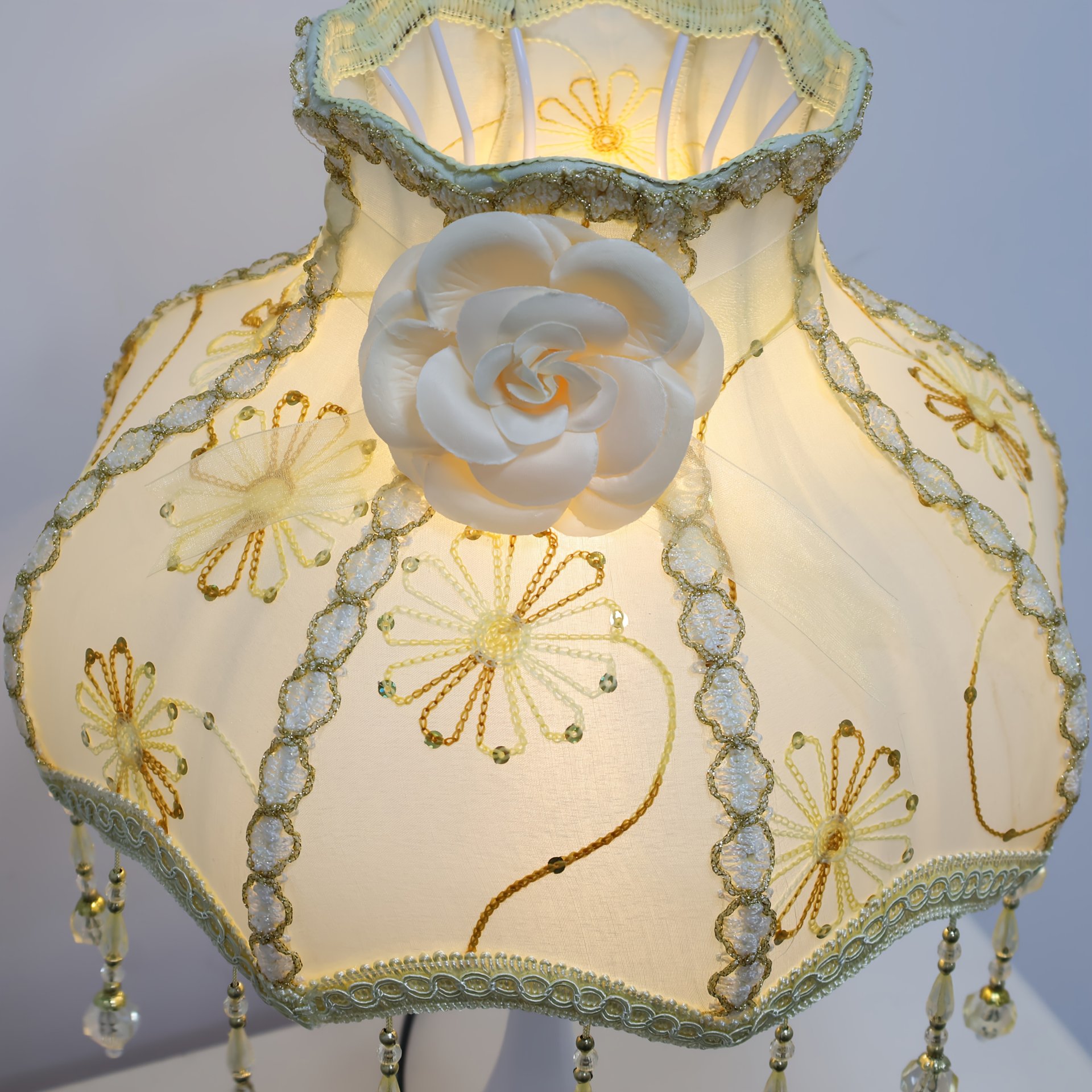 Vintage Embroidered Fabric Shade, featuring Swarovski Crystal and Mountain Tea Flower Pattern.