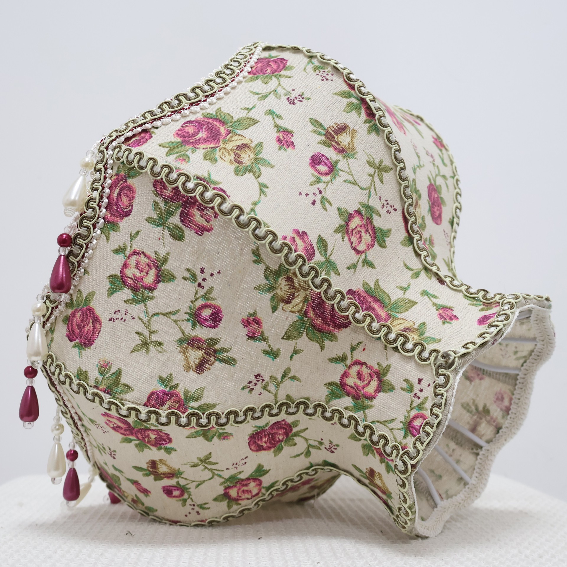 Vintage Floral Rose Linen Lampshade With Bead Tassel, French Country Cottagecore Replacement Lamp Shade For Bedside Table Lamp