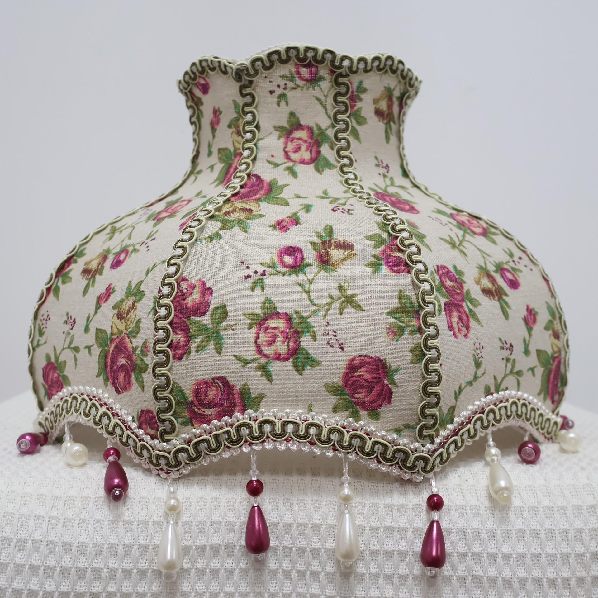 Vintage Floral Rose Linen Lampshade With Bead Tassel, French Country Cottagecore Replacement Lamp Shade For Bedside Table Lamp