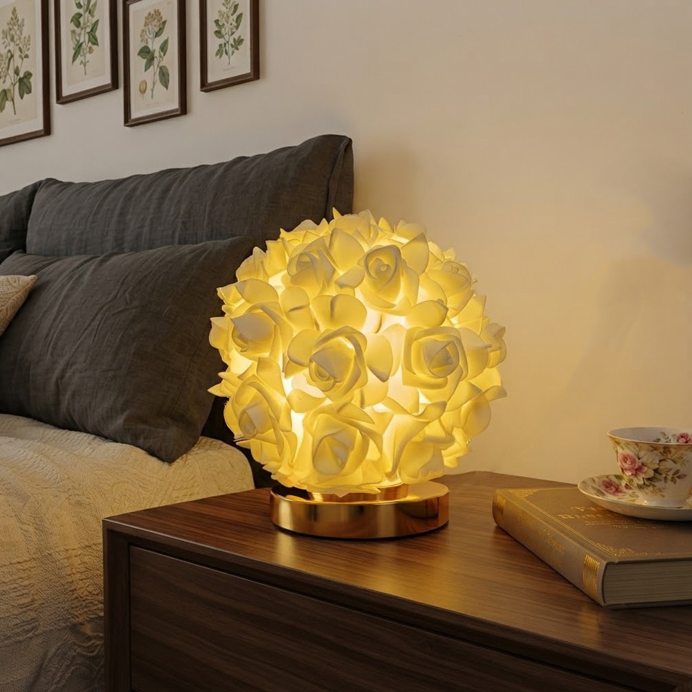Romantic simulation rose ball USB desk lamp white powder dual color optional light luxury gold base warm light night light French elegant bedroom dressing table desktop decorative light Valentine's Day wedding anniversary home gift lighting