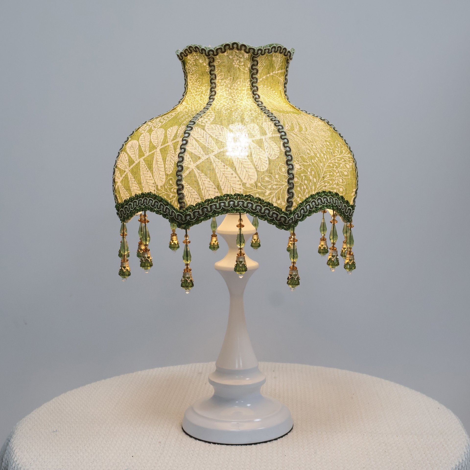Vintage Green Botanical Embroidery Fabric Replacement Lamp Shade with Green Crystal Bead Tassels, French Country Decor Table Lamp Lampshade