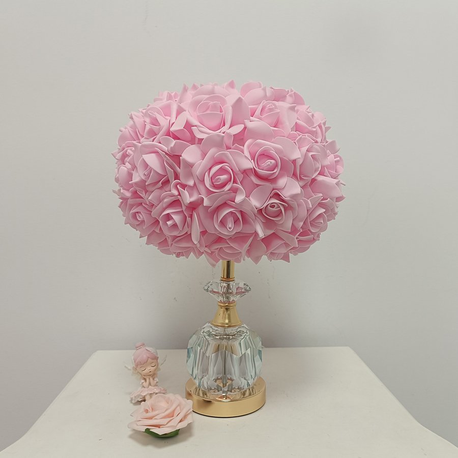 Pink Rose Ball Table Lamp, Light‑Luxury Crystal Base Bedside Lamp, Atmospheric Decorative Table Lamp for Girls' Bridal Rooms, Gift‑Giving Option
