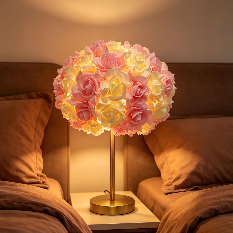 Aesthetic Rose Flower Ball Table Lamp, Romantic Floral Sphere Bedside Lamp with Gold Stand for Bedroom & Wedding Decoration