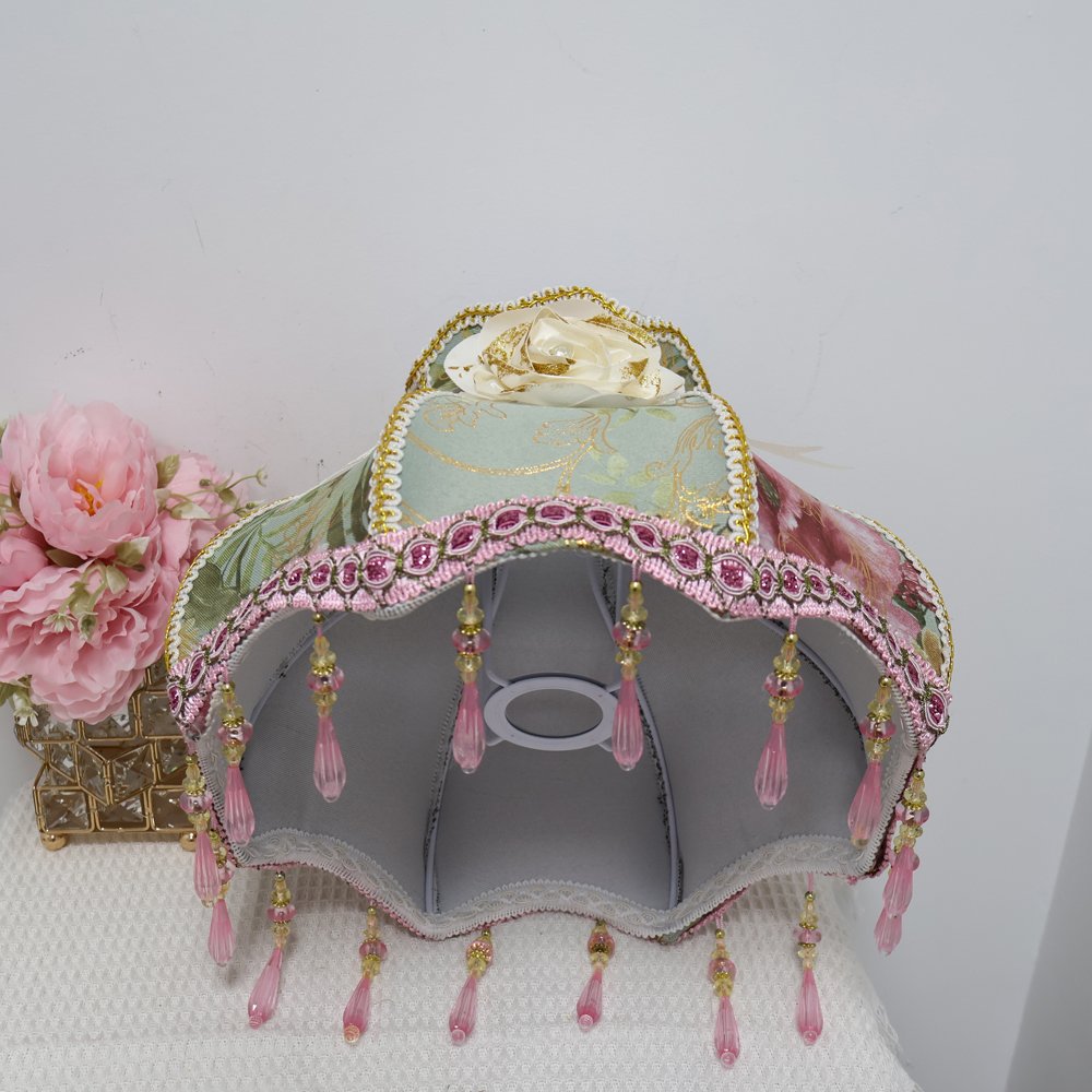 Vintage French Floral Lampshade, Luxury Jacquard Fabric Table Lamp Shade with Crystal Beaded Tassels & Rose Accent, Victorian Room Decor (Lampshade Only)