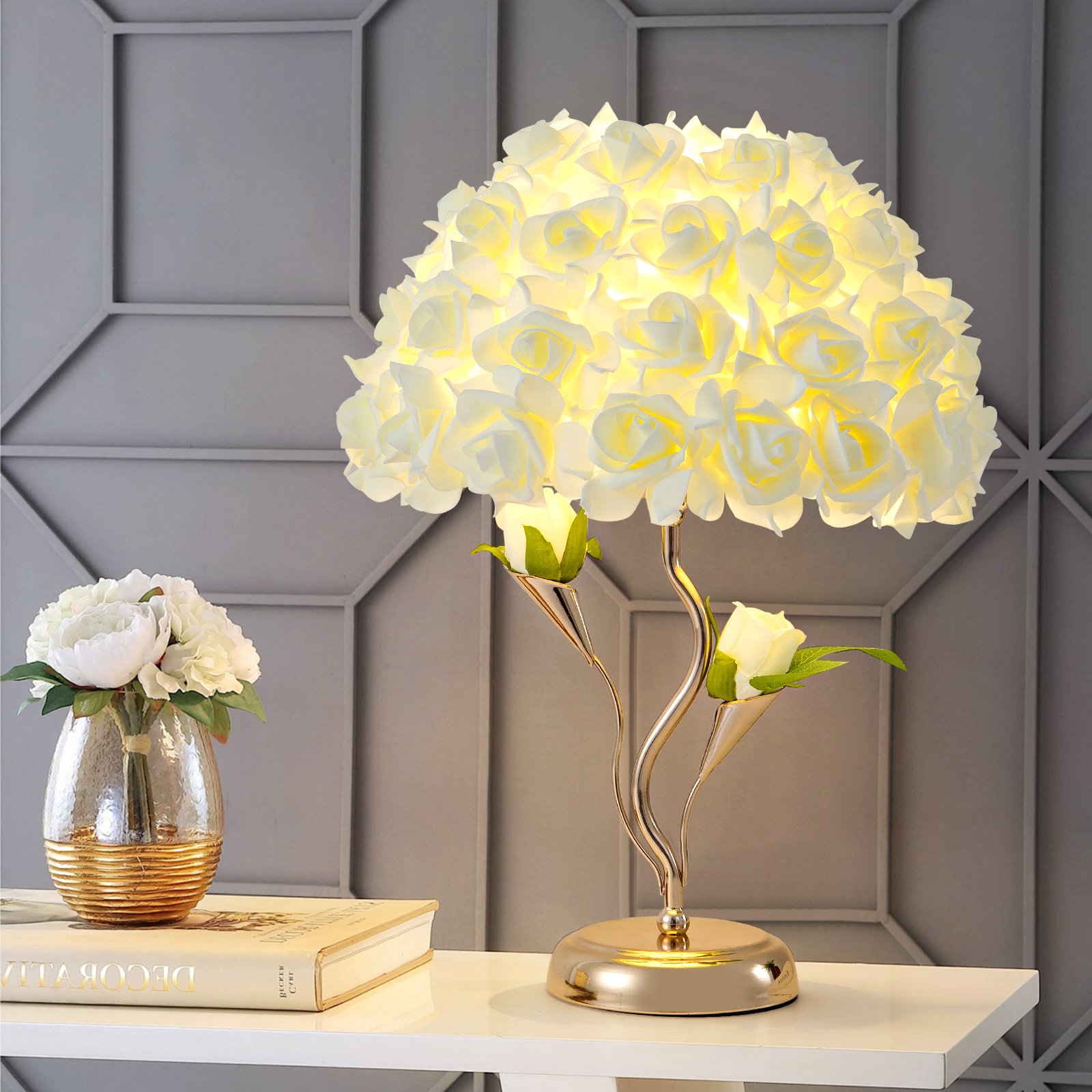 Realistic White Rose Spherical Bouquet Table Lamp with Curved Golden Stand – Luxury Floral Déc