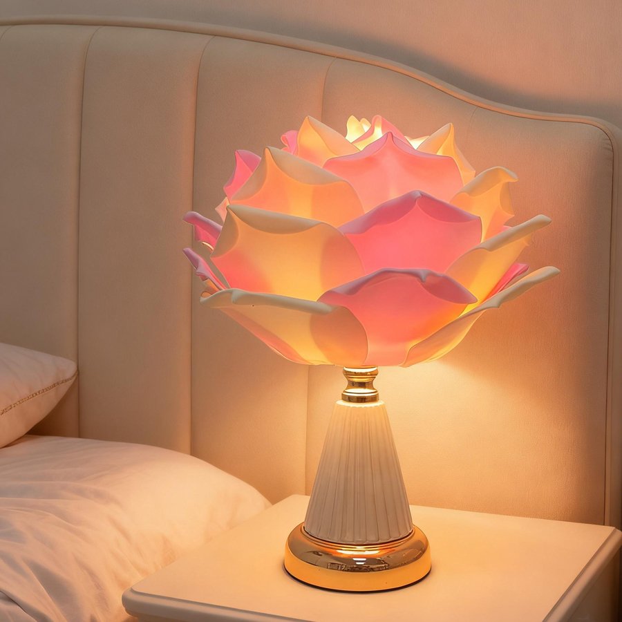 Pink‑white gradient large rose flower table lamp, ceramic‑texture base bedroom bedside lamp, romantic wedding‑room atmosphere decorative table lamp