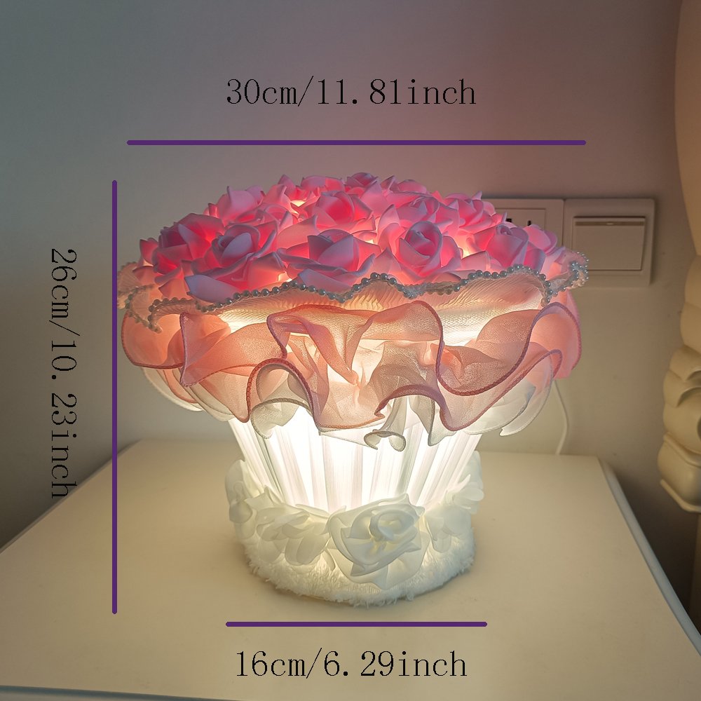 Desk‑shaped table lamp with simulated rose bouquet, pink rose bouquet‑style table lamp, small decorative table lamp with pearl tulle lace for gentle and romantic bedroom gifting