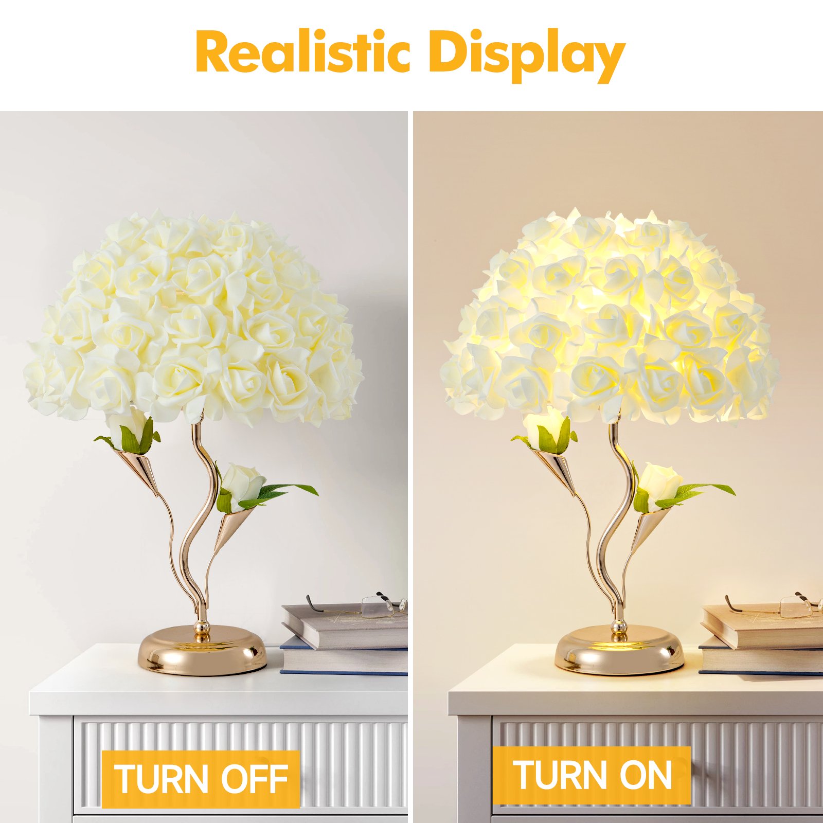 Realistic White Rose Spherical Bouquet Table Lamp with Curved Golden Stand – Luxury Floral Déc