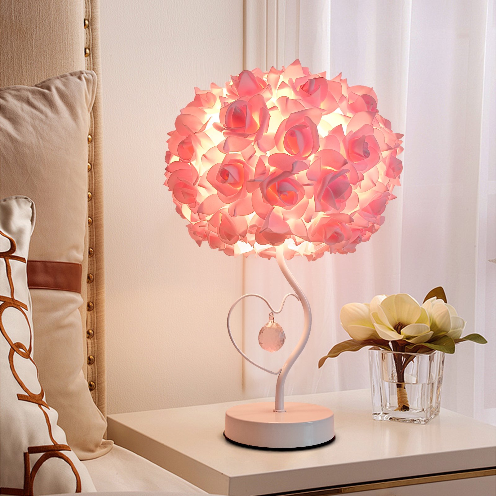 French Romantic Rose Ball Table Lamp – Girlish Heart‑Loving Crystal Pendant Desktop Night Light – Cozy Bedroom Bedside Decorative Lamp