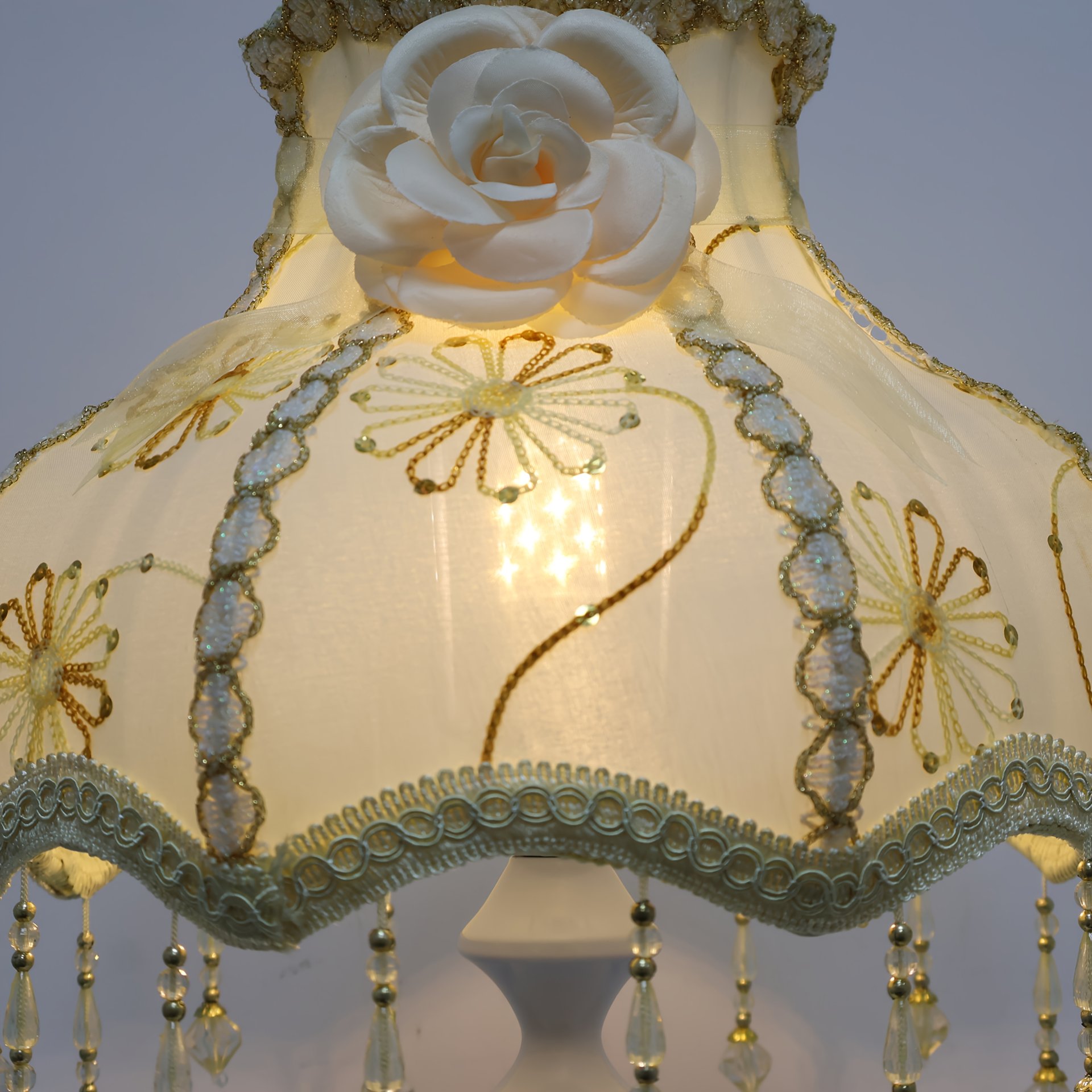Vintage Embroidered Fabric Shade, featuring Swarovski Crystal and Mountain Tea Flower Pattern.
