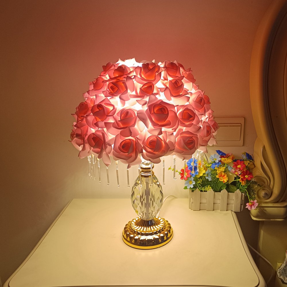 Pink Rose Ball Crystal Table Lamp, Crystal Tassel Vintage Desktop Lamp, Atmosphere Lamp for Wedding Gifts