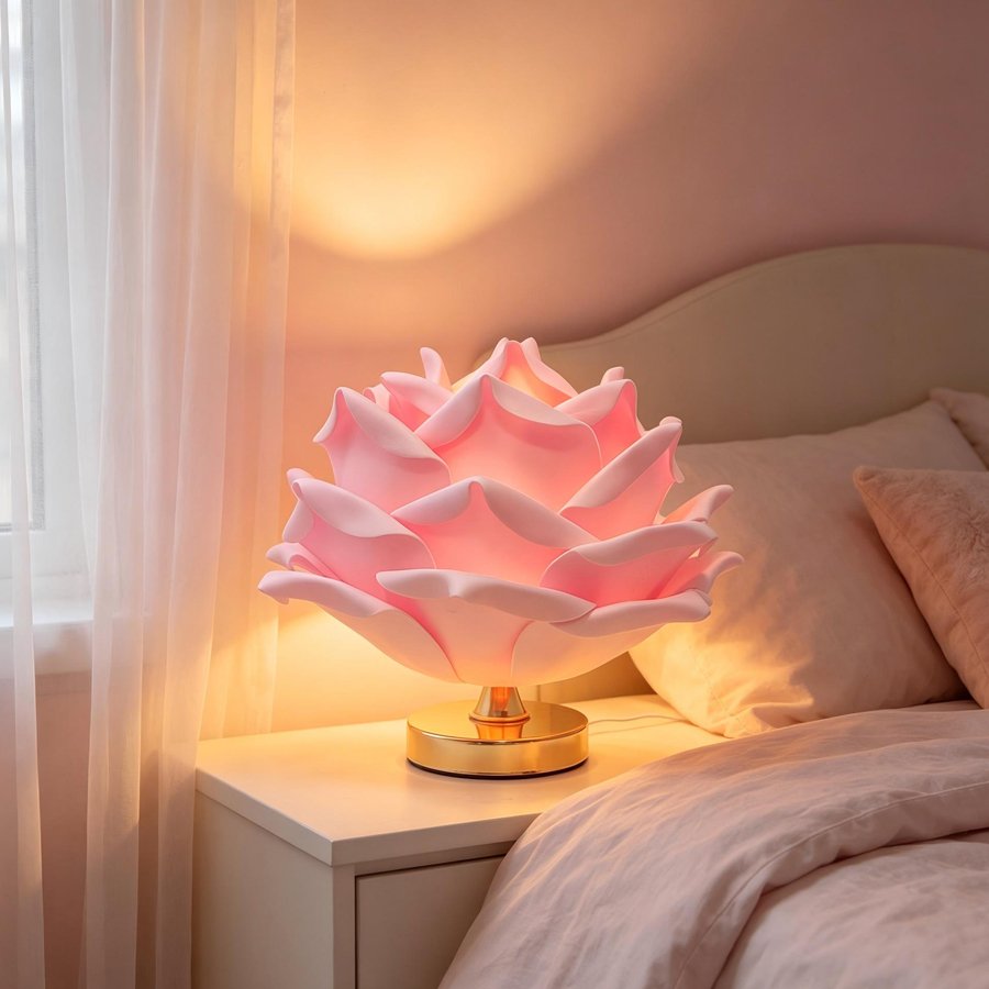 White 3D Lotus Table Lamp with Large Rose Metal Glossy Base - Zen-Inspired Floral Decor for Homestay Bedrooms, Ideal Gift