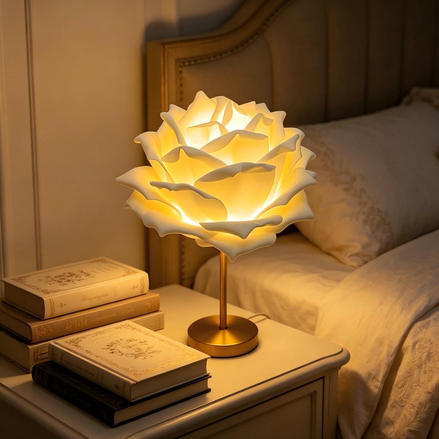 Desktop Table Lamp with Simulated Large Rose‑Petal Shape, Romantic Small Table Lamp for Bridal Chamber and Homestay Decoration