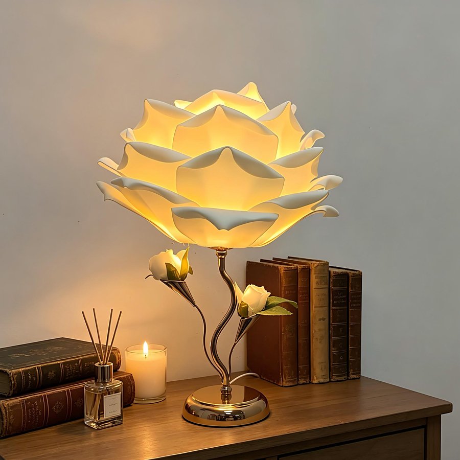 Large‑sized white rose flower table lamp, romantic floral decorative lamp, bedroom ambient bedside lamp