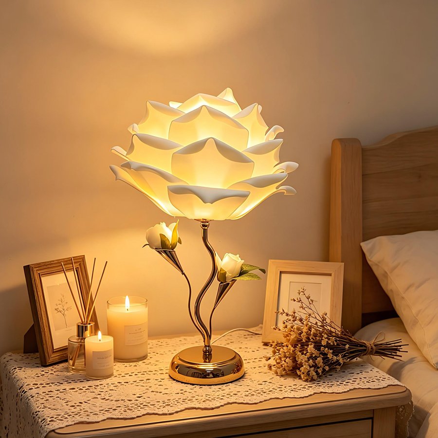 Large‑sized white rose flower table lamp, romantic floral decorative lamp, bedroom ambient bedside lamp