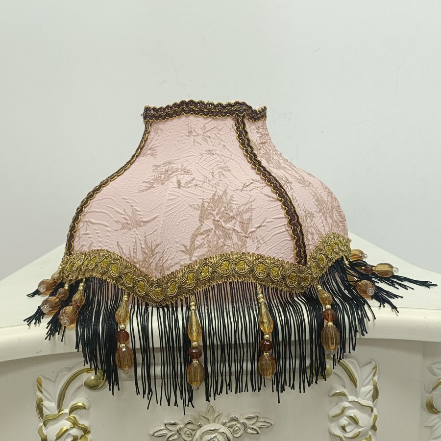 Vintage Octagonal Fabric Lampshade Pink Bamboo Jacquard Black Tassel Beaded Lamp Shade For Table Lamp Bedside Decor