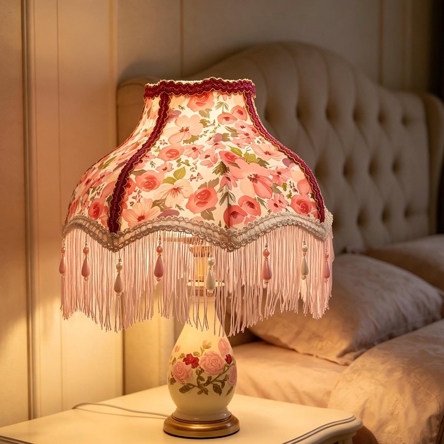 Flower‑Princess Pearl Tassel Lampshade, Girlish‑Style Wedding Room Fabric Table Lamp Shade, Decorative Replacement Shell for Atmosphere‑Creating Bedroom Table Lamp