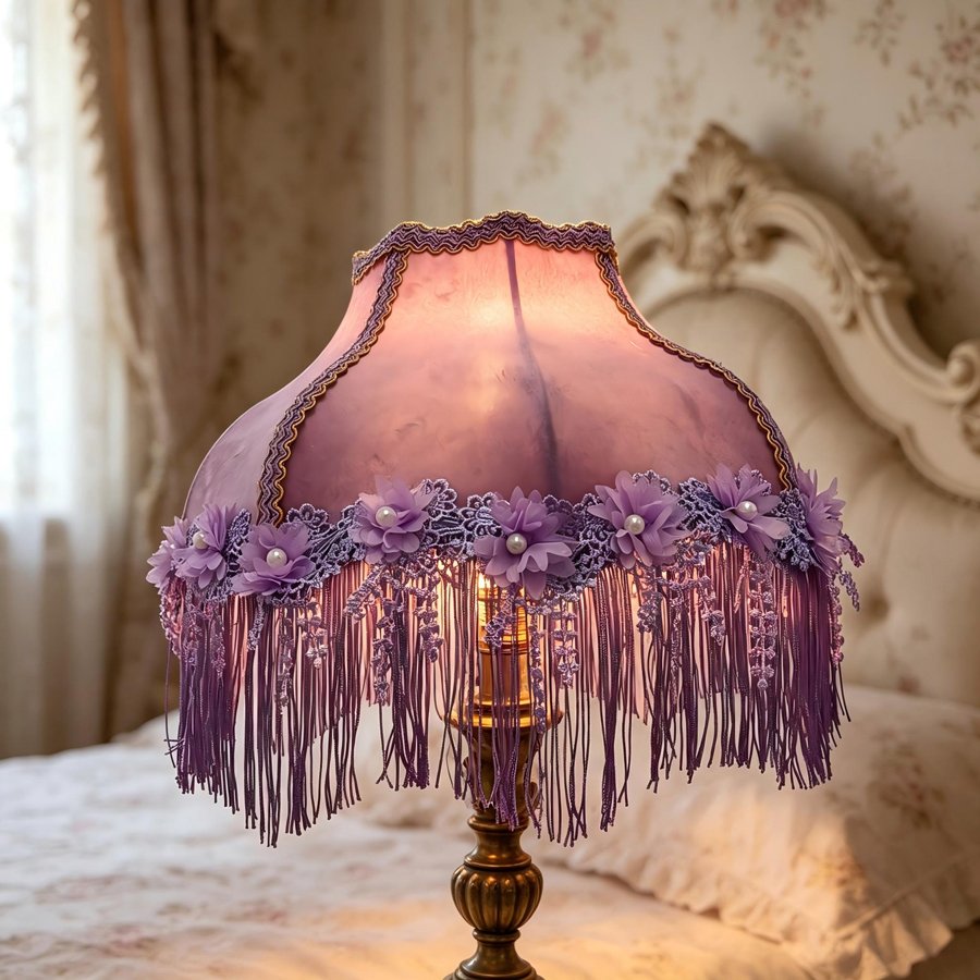 Purple Velvet Fabric Lampshade Flower Pearl Lace Purple Tassel Lamp Shade For Table Lamp Bedroom Vintage Home Decor