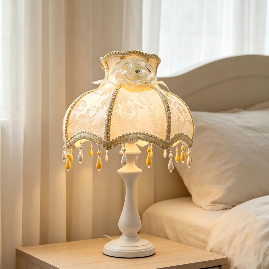 European Vintage Jacquard Fabric Lampshade, Beige‑Gold Rose Decor Bead Tassel Lamp Shade for Table Lamp Floor Lamp Home Decor