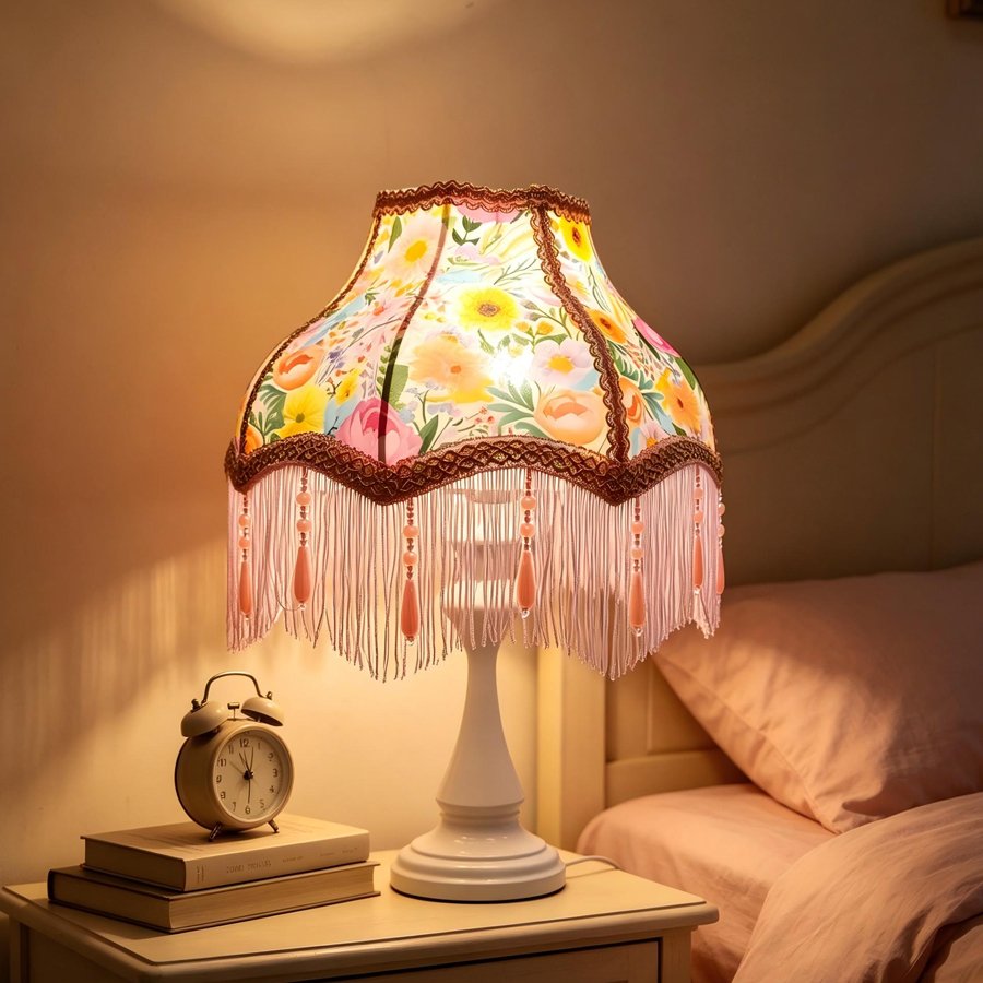 Colorful Garden Floral Print Fabric Lampshade, Pink Tassel Bead Pendant Replacement Lamp Shade for Table Floor Lamp Home Decor