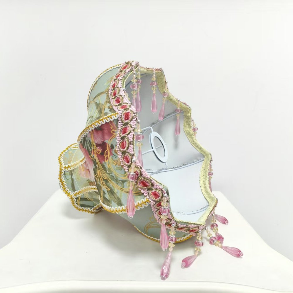 Vintage French Floral Lampshade, Luxury Jacquard Fabric Table Lamp Shade with Crystal Beaded Tassels & Rose Accent, Victorian Room Decor (Lampshade Only)