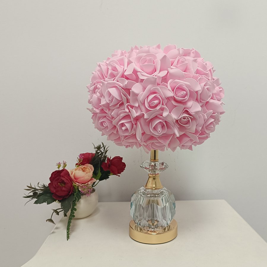 Pink Rose Ball Table Lamp, Light‑Luxury Crystal Base Bedside Lamp, Atmospheric Decorative Table Lamp for Girls' Bridal Rooms, Gift‑Giving Option