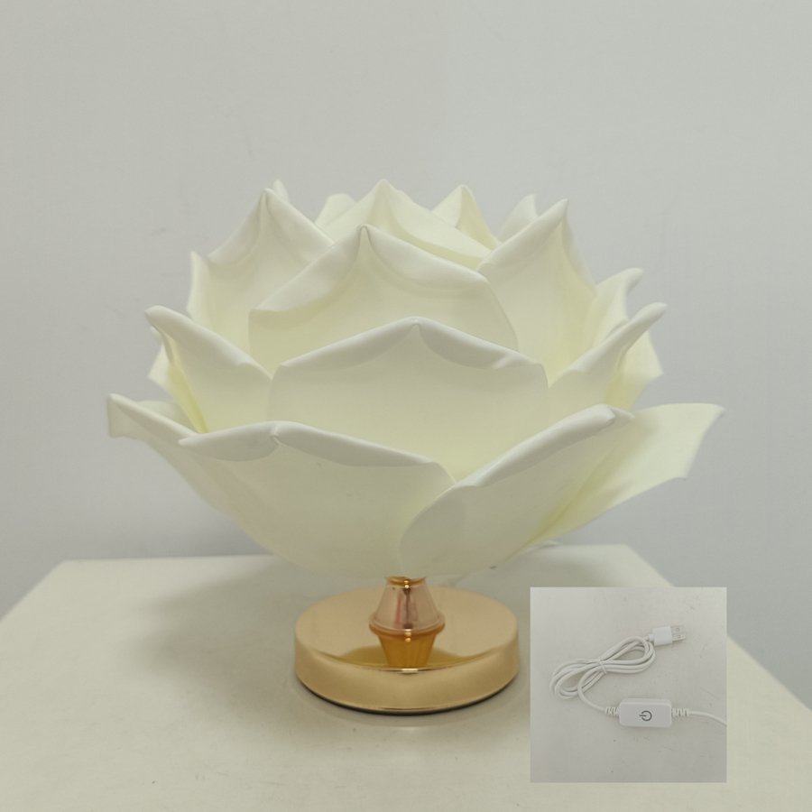 White 3D Lotus Table Lamp with Large Rose Metal Glossy Base - Zen-Inspired Floral Decor for Homestay Bedrooms, Ideal Gift