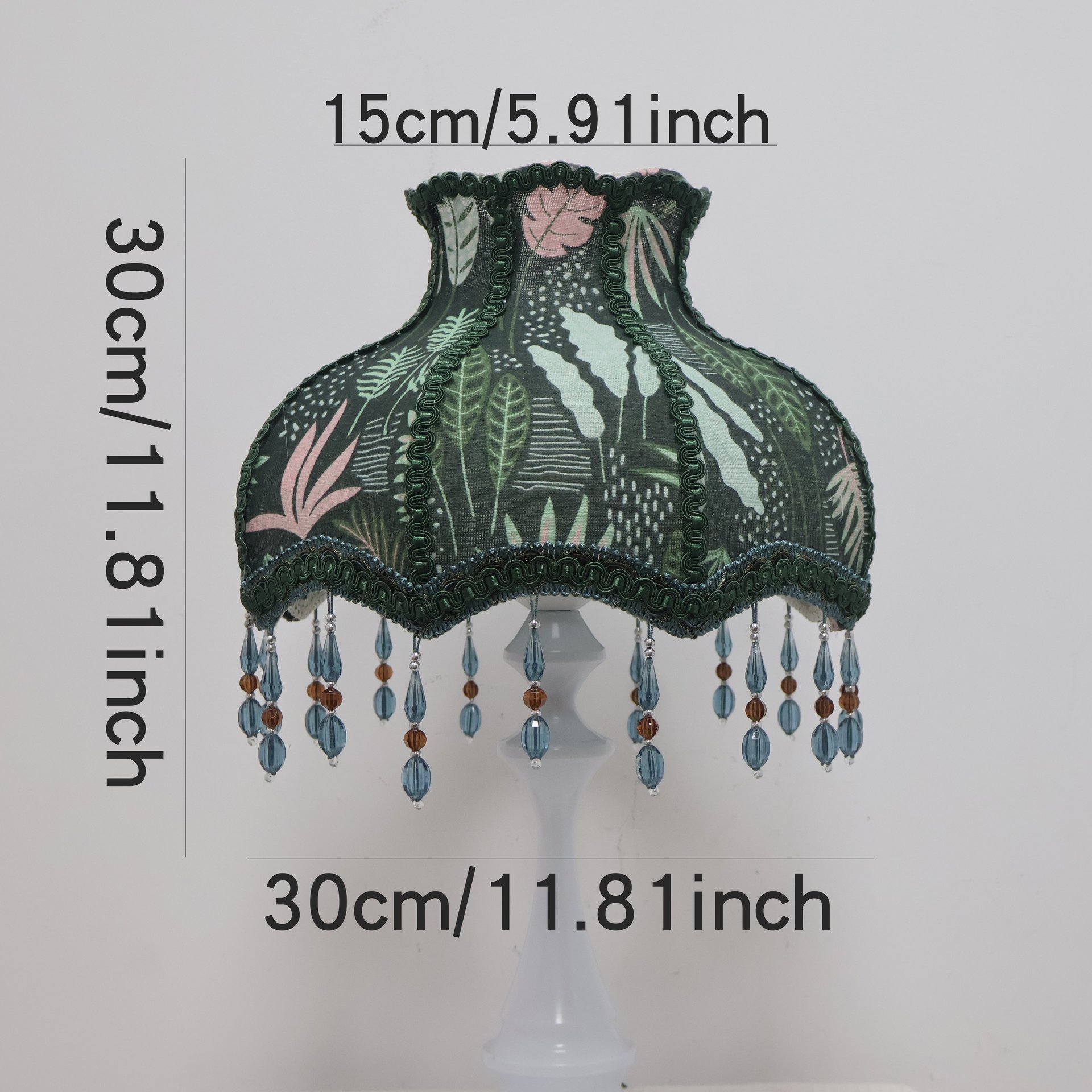 Dark Green Vintage Botanical Pattern Fabric Replacement Lampshade with Crystal Bead Tassels, French Country Style Table Lampshade