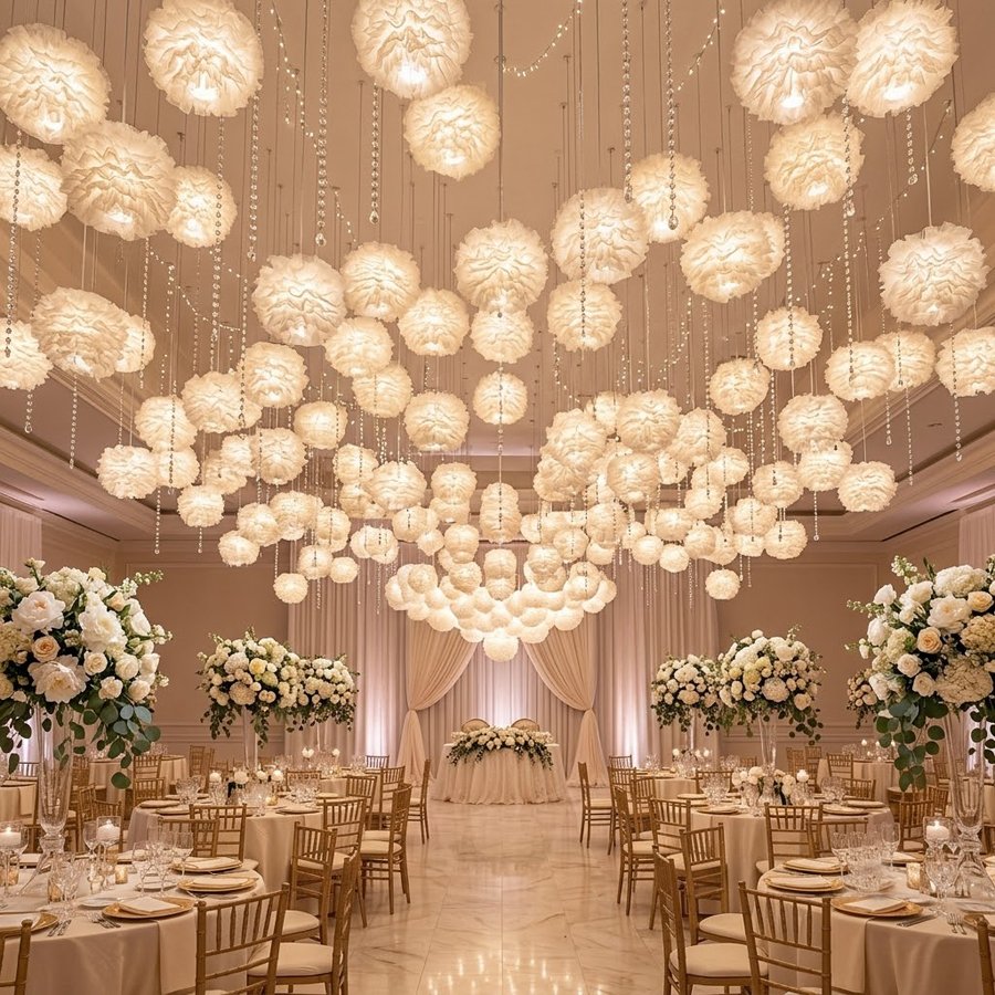 Cream‑style gauze pleated spherical lampshade, soft fluffy gauze lampshade, spherical lampshade shell for wedding‑atmosphere lighting fixtures